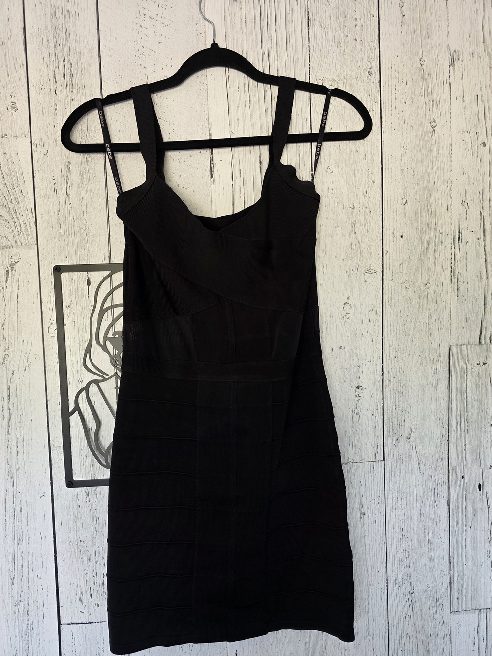 Bebe Black Bandage Bodycon Mini Dress Mesh Cutout Size M Date Night Going Out - Picture 7 of 13